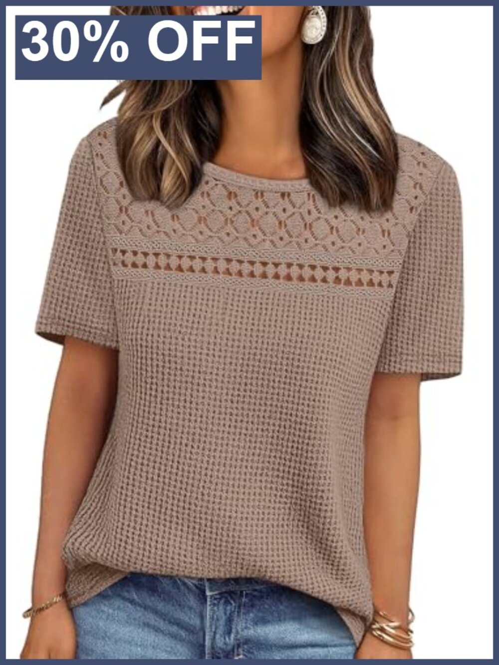 Womens Crochet Lace Waffle Knit Short Sleeve Boho Peasant Top